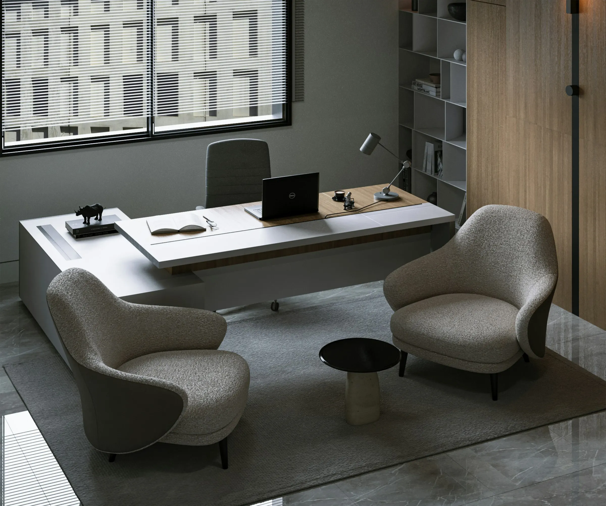 An office with two armchairs facing each other in front of a desk